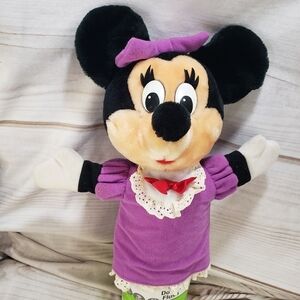 Disney Parks Minnie Mouse Plush Hand Puppet Purple Dress Plastic Eyes 12 Inch